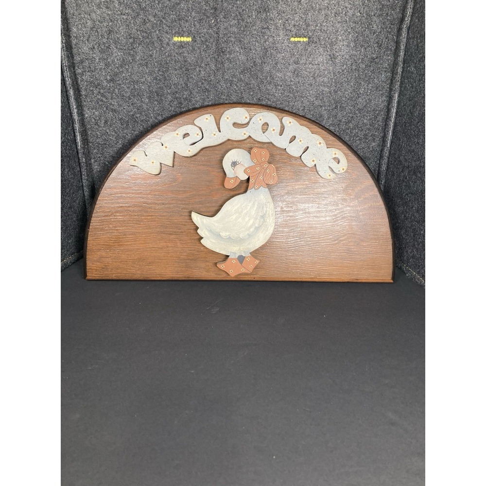 Vintage 1980s Wooden Goose Welcome Wall Plaque 16" Hand Painted Country Cottage